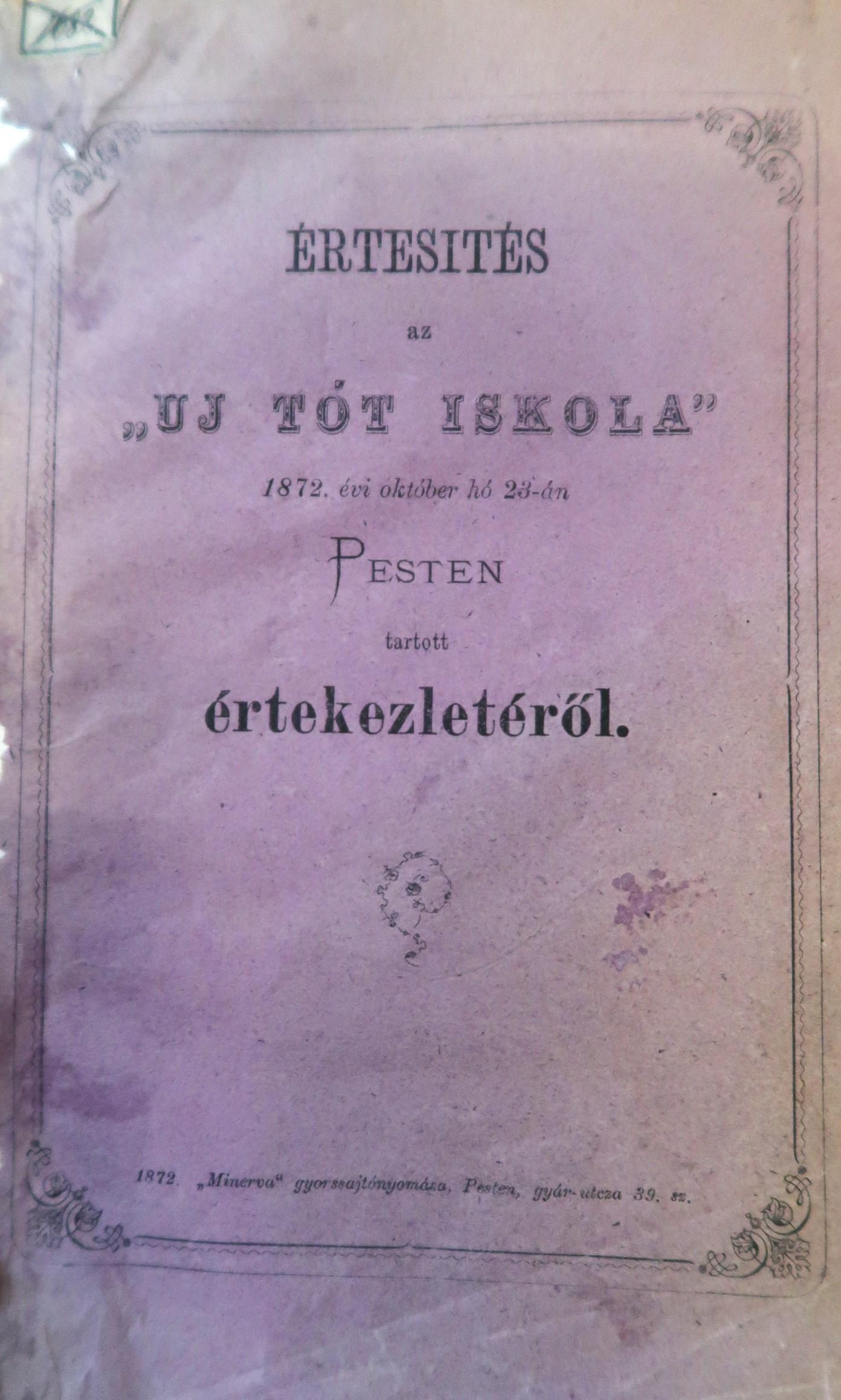 Értesítés Új tót iskola 1872. október 23-án Pesten tartott értekezletéről