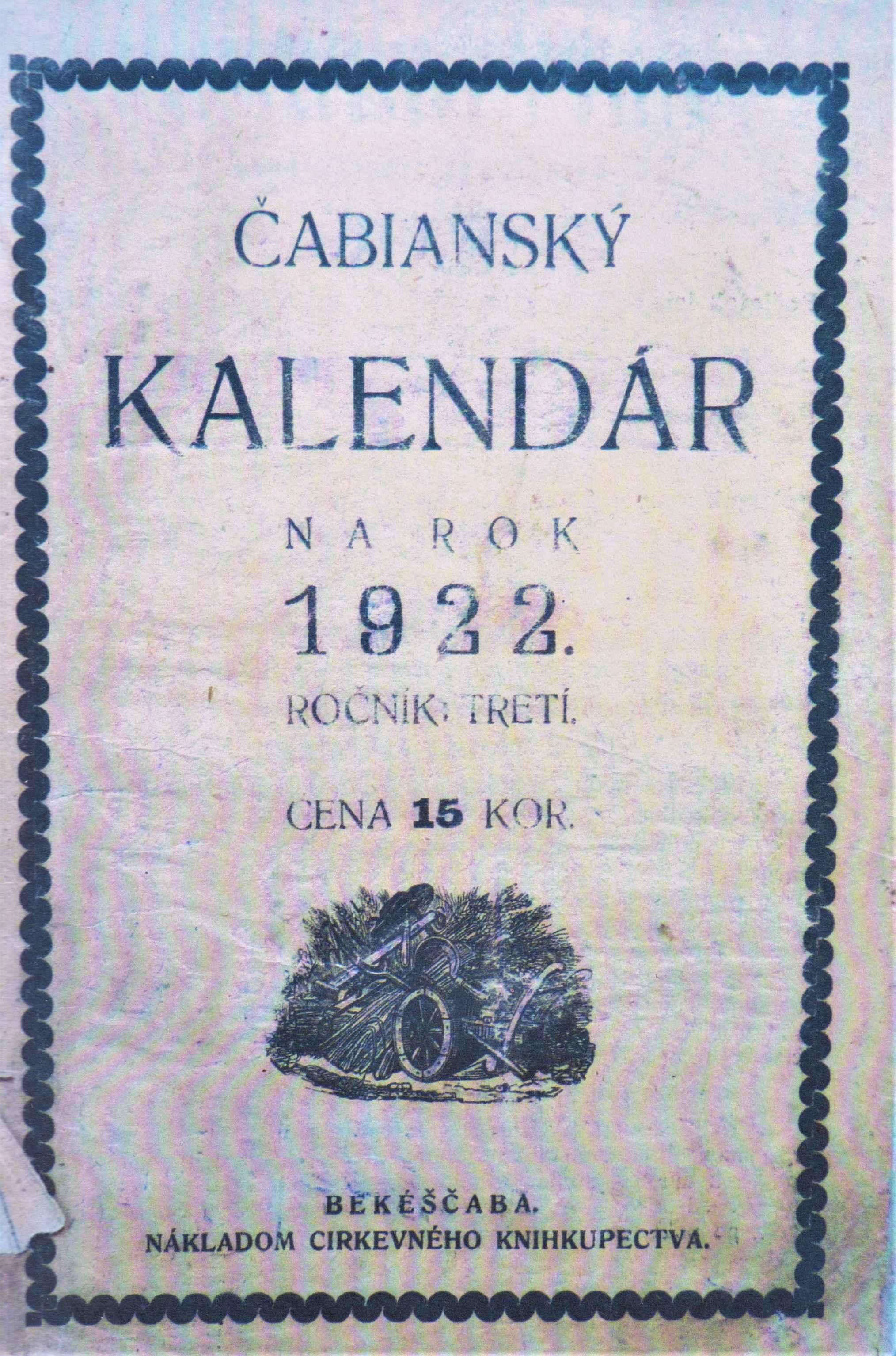 Čabianský kalendár na rok 1922. Ročník: tretí