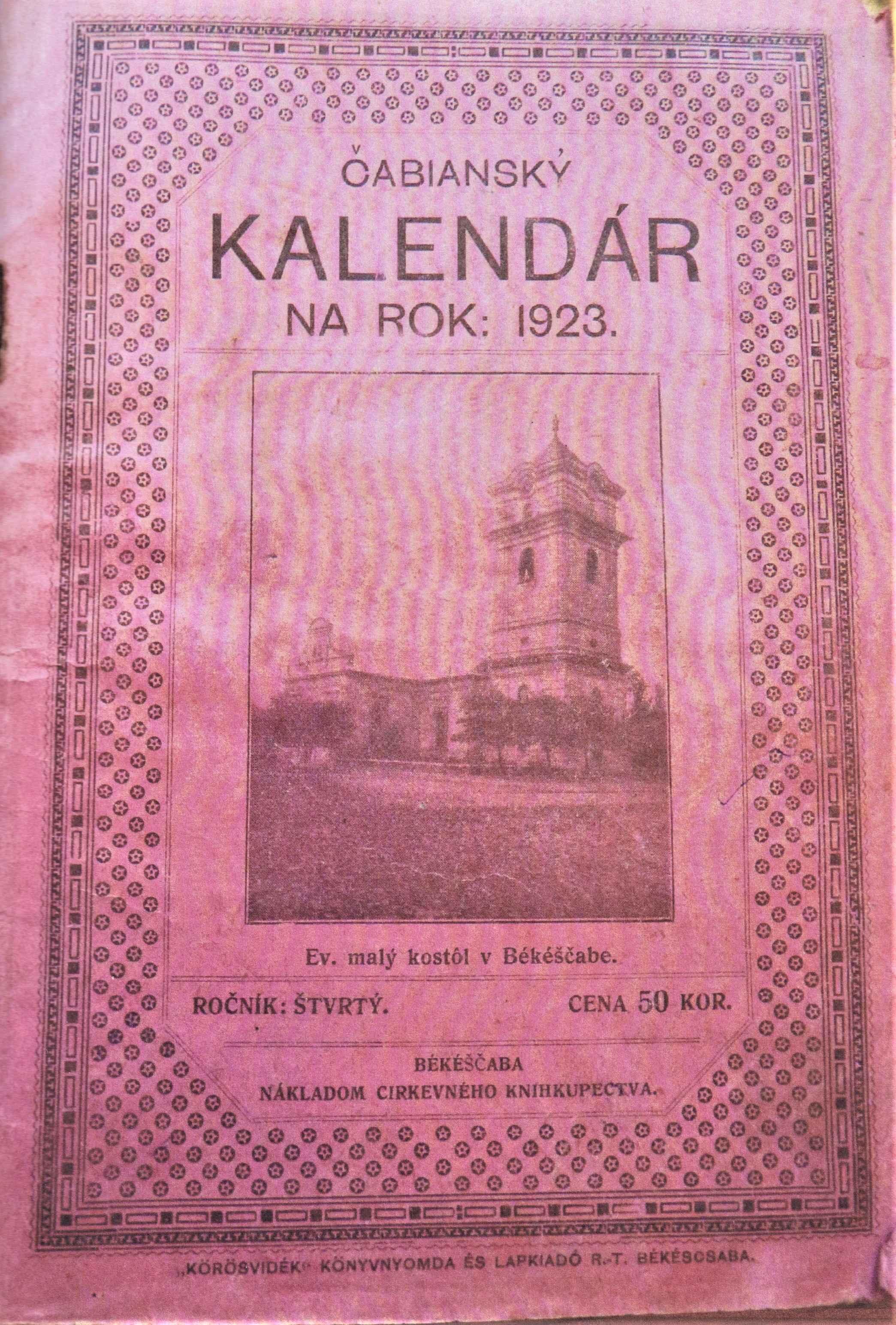 Čabianský kalendár na rok 1923. Ročník: štvrtý