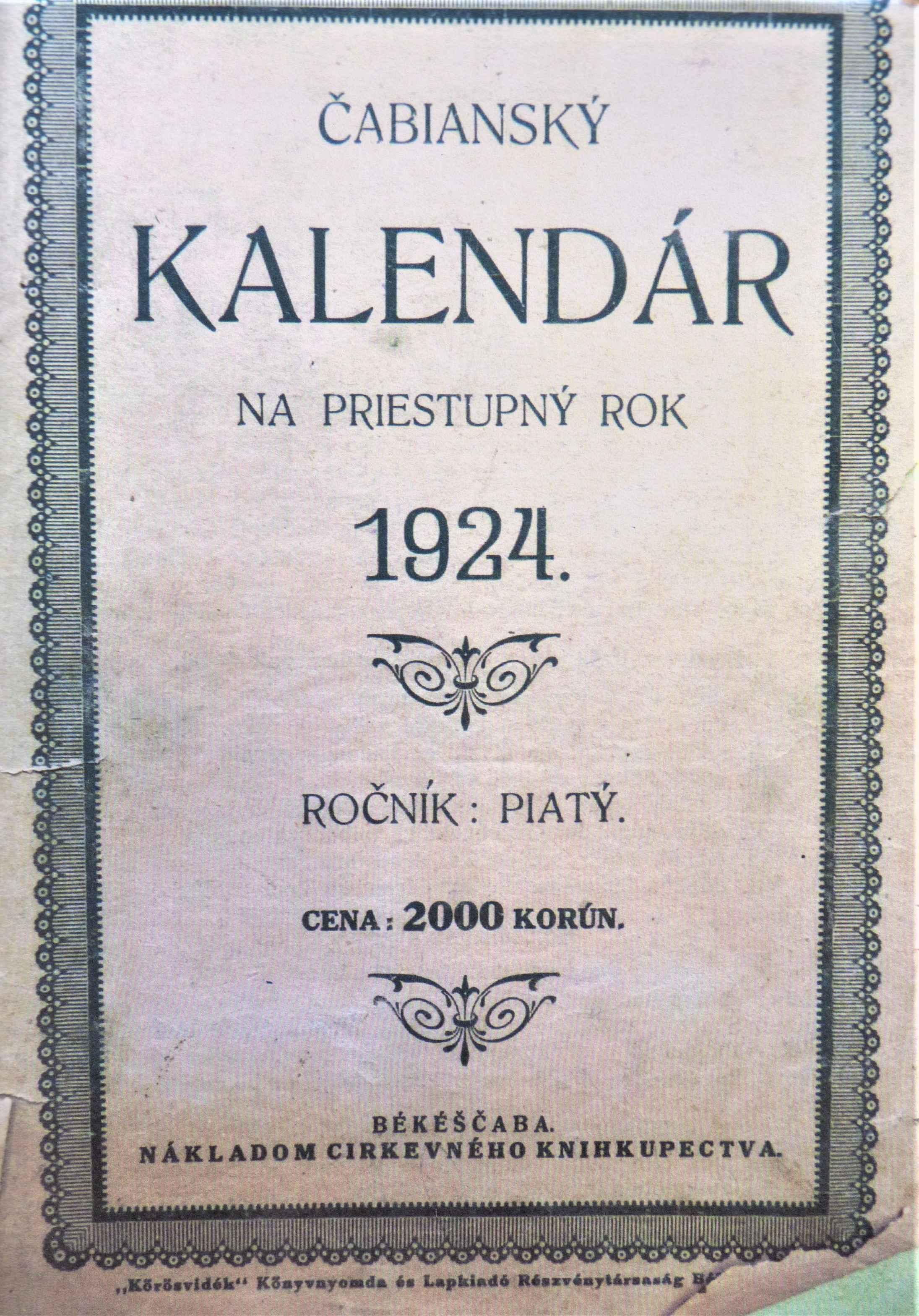 Čabianský kalendár na rok 1924. Ročník: piatý