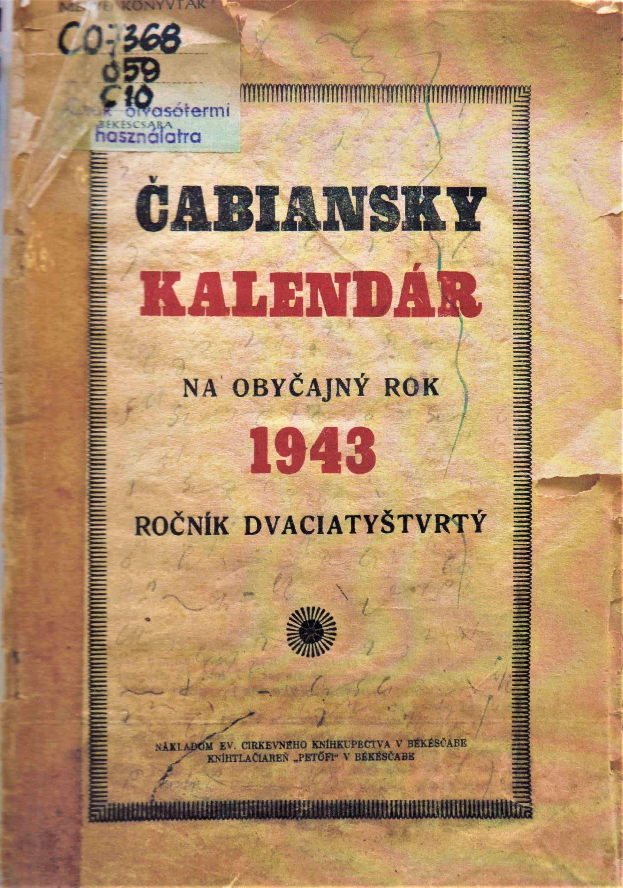 Čabiansky kalendár na obyčajný rok 1943. Ročník dvaciatyštvrtý