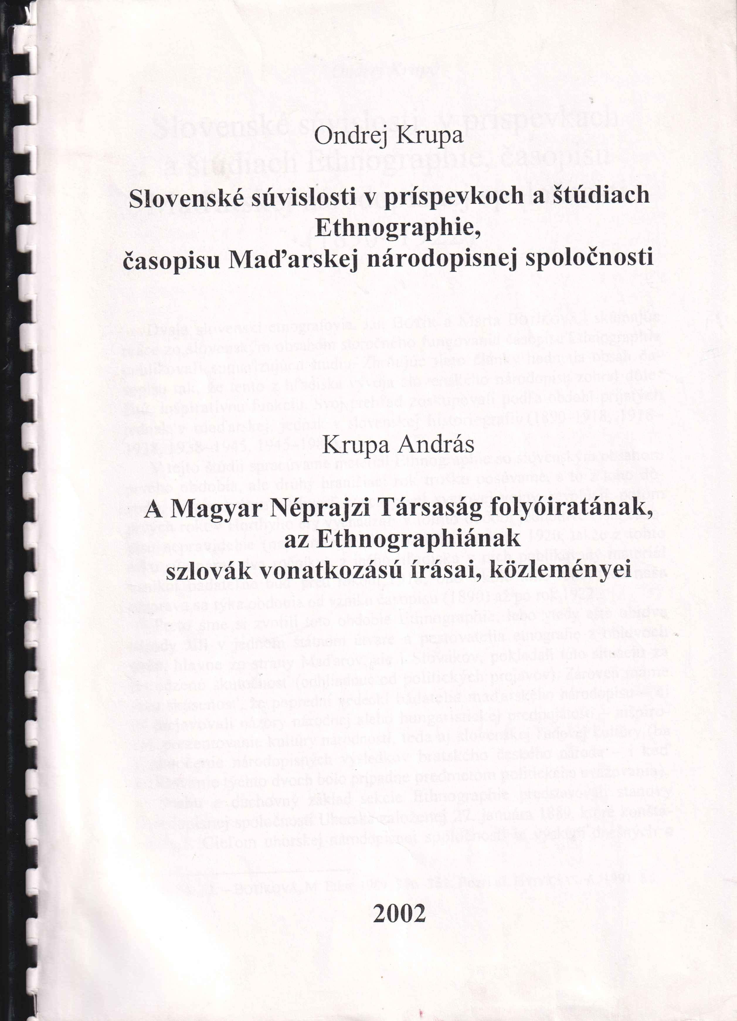 Slovenské súvilosti v príspevkoch a štúdiách ETHNOGRAPHIE, časopisu Maďarskej národnostnej spoločnosti